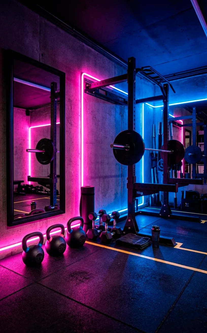 Atmospheric home gym illuminated by smart LED strip lighting showing energetic pink and blue colors.