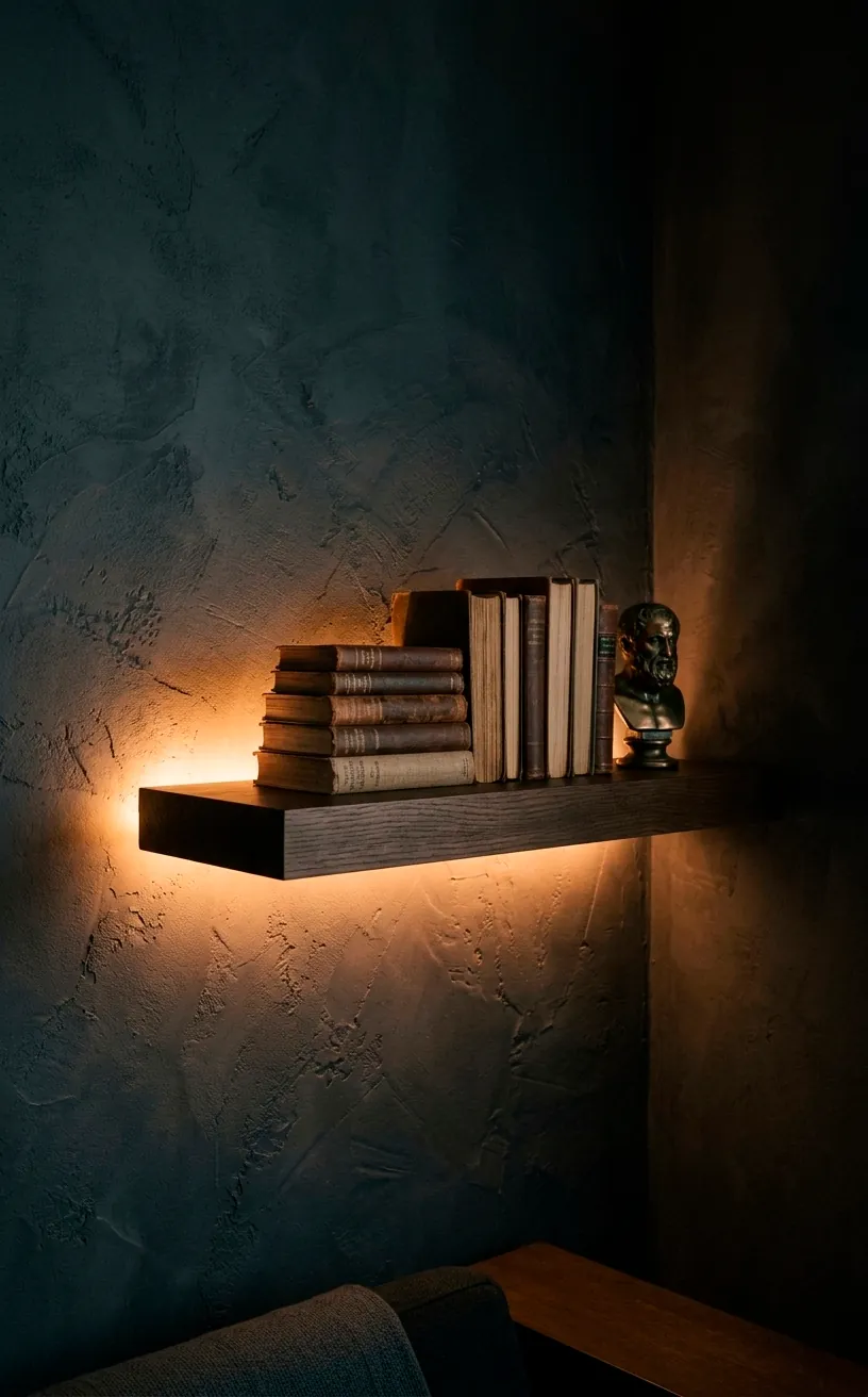 Warm LED strip lighting behind a dark wooden shelf on a charcoal textured wall in a moody room.