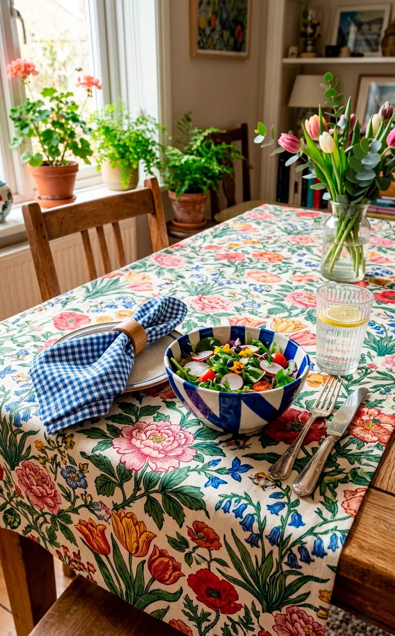 Mixing botanical tablecloths with gingham napkins and striped bowls on a maximalist table.