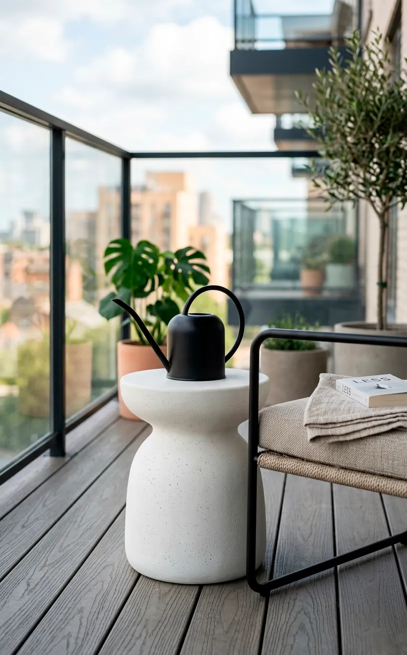 Minimalist modern balcony decor featuring a sculptural white ceramic stool and matte black watering can