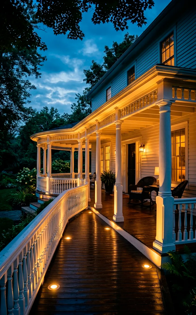Warm flush-mount LED floor lighting illuminating the edges of a white wrap-around porch at twilight.