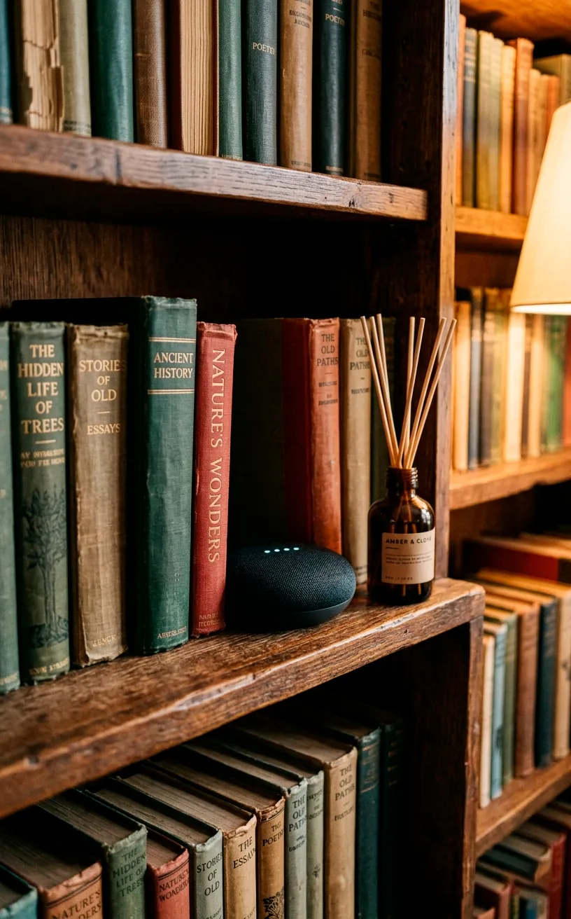 Minimalist smart speaker and a reed diffuser hidden among books on a shelf.