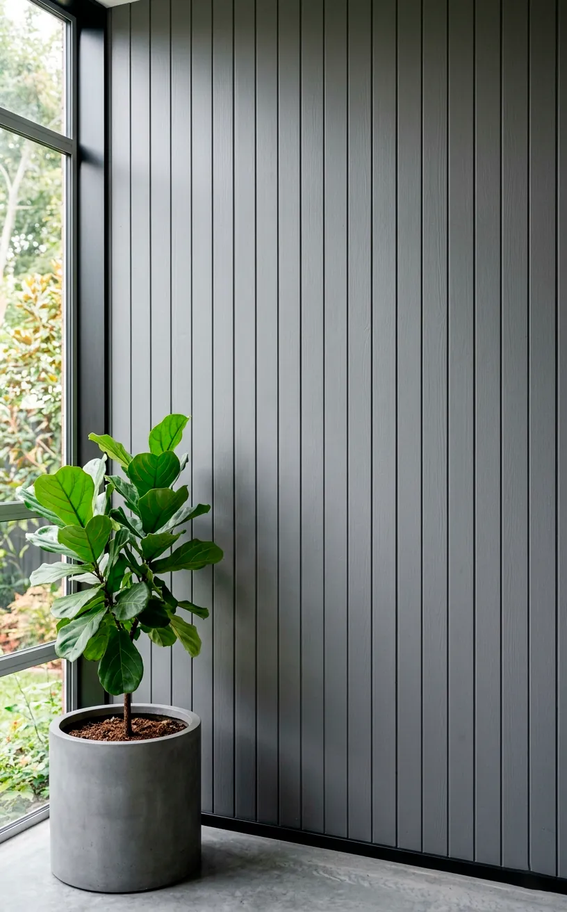 Medium gray vertical wood wall paneling in a modern sunroom interior.