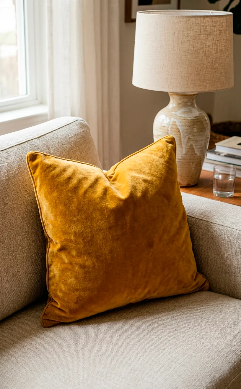 Ochre mustard velvet throw pillow on a light beige linen sofa.