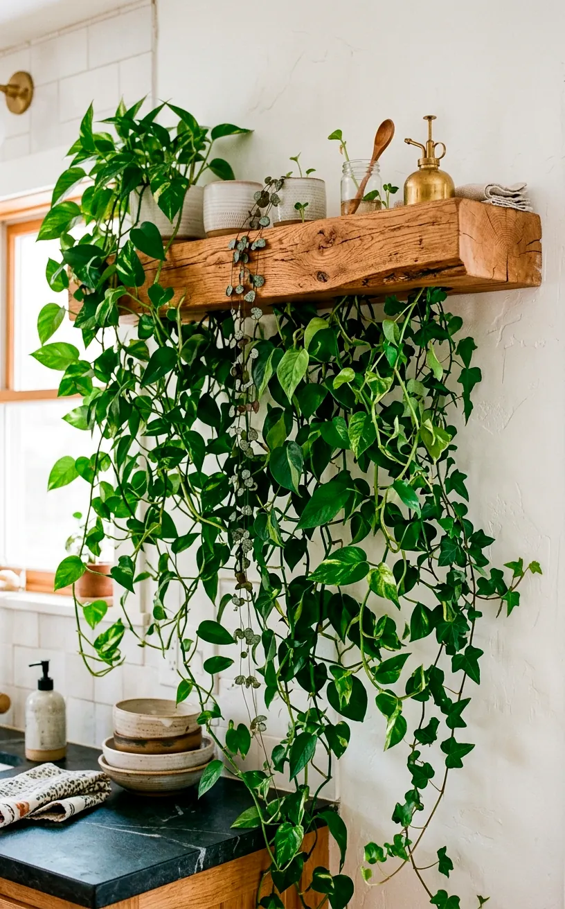 Floating wood shelf with hidden internal water reservoir growing trailing vines.