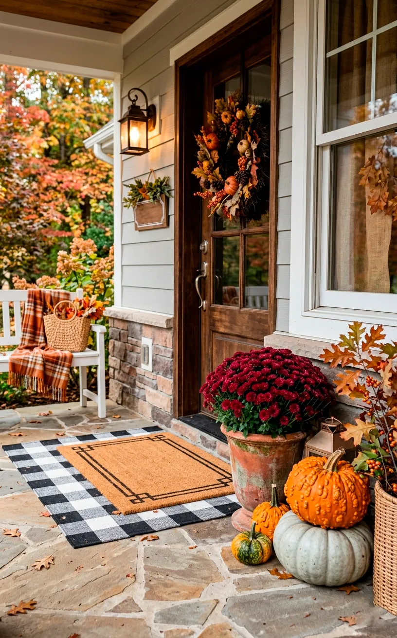 Autumn front porch with potted mums and layered welcome mats