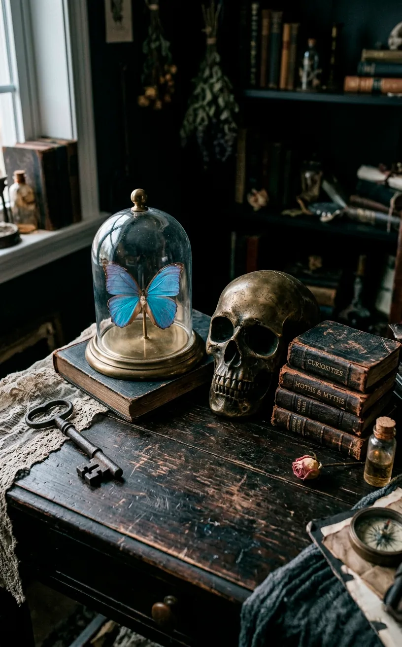 Gothic table decor with brass skull, taxidermy butterfly in a dome, and antique keys