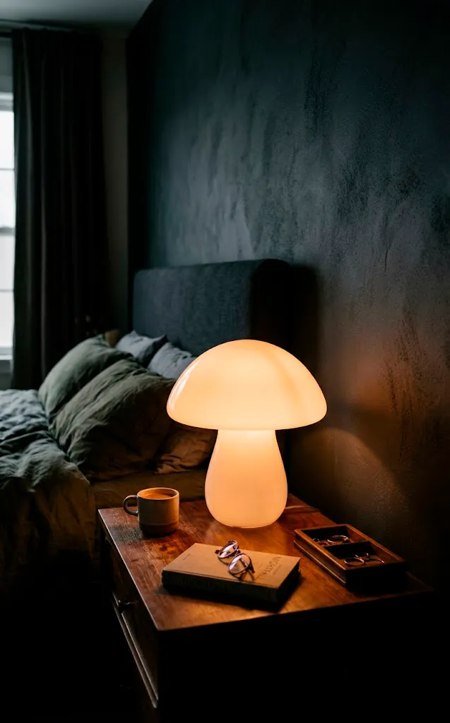 Opaque glass mushroom lamp glowing warmly on a mid-century nightstand.
