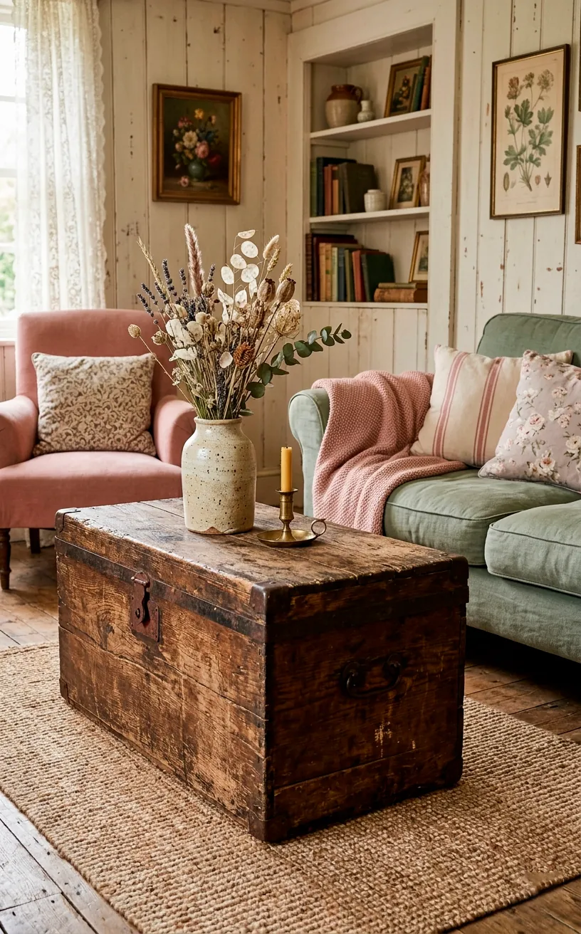 Weathered antique wooden trunk serving as a central coffee table in a pastel cottage living room setting.