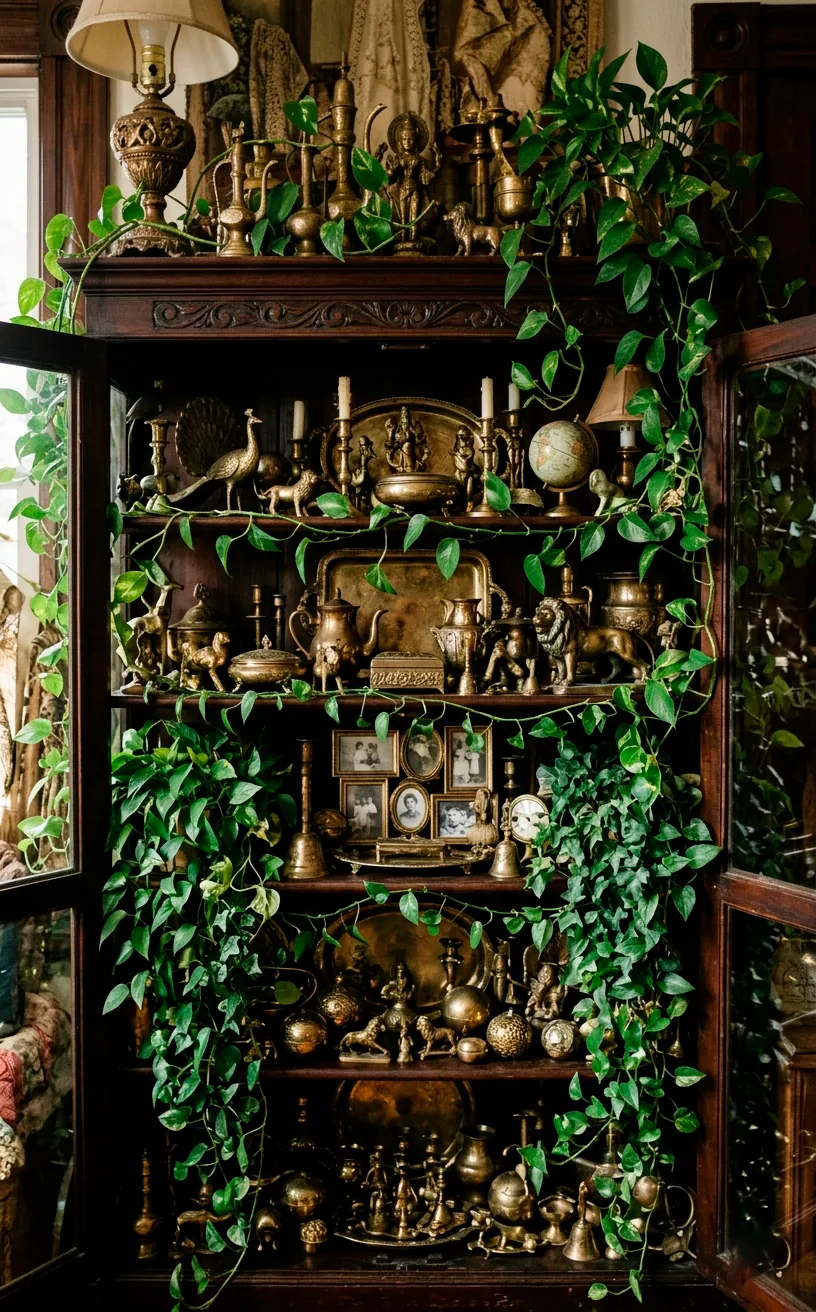 Antique wood cabinet filled with thrifted brass decor and cascading ivy vines.