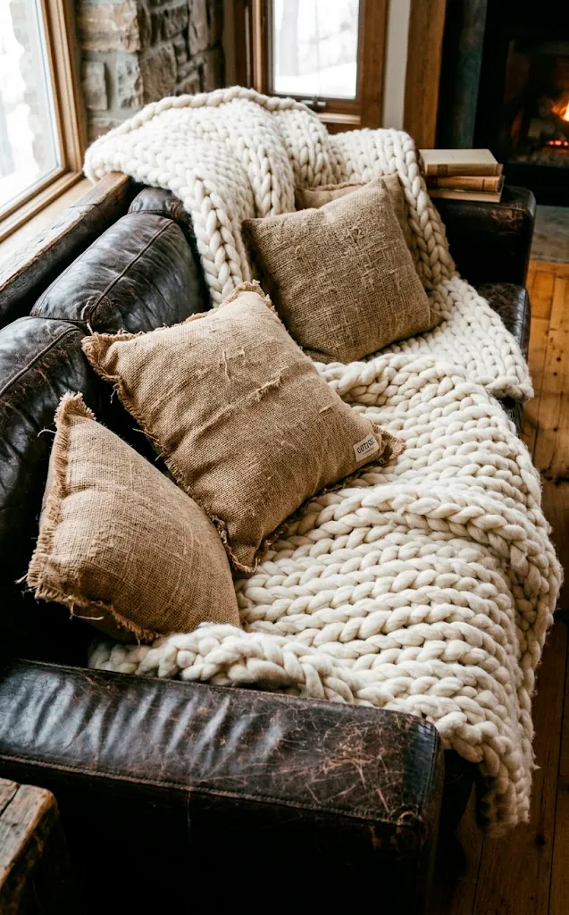 Chunky knit blanket and burlap throw pillows on a leather sofa