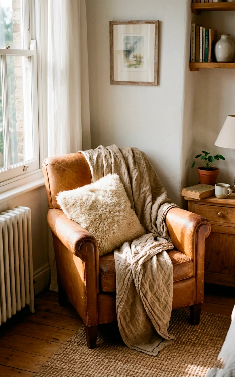 Aged camel leather accent chair draped with a messy linen throw and fluffy wool pillow in a bedroom.