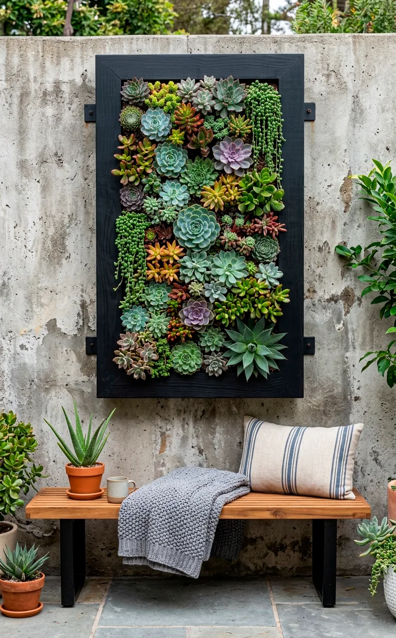 Vertical succulent garden in a black frame on a concrete wall.
