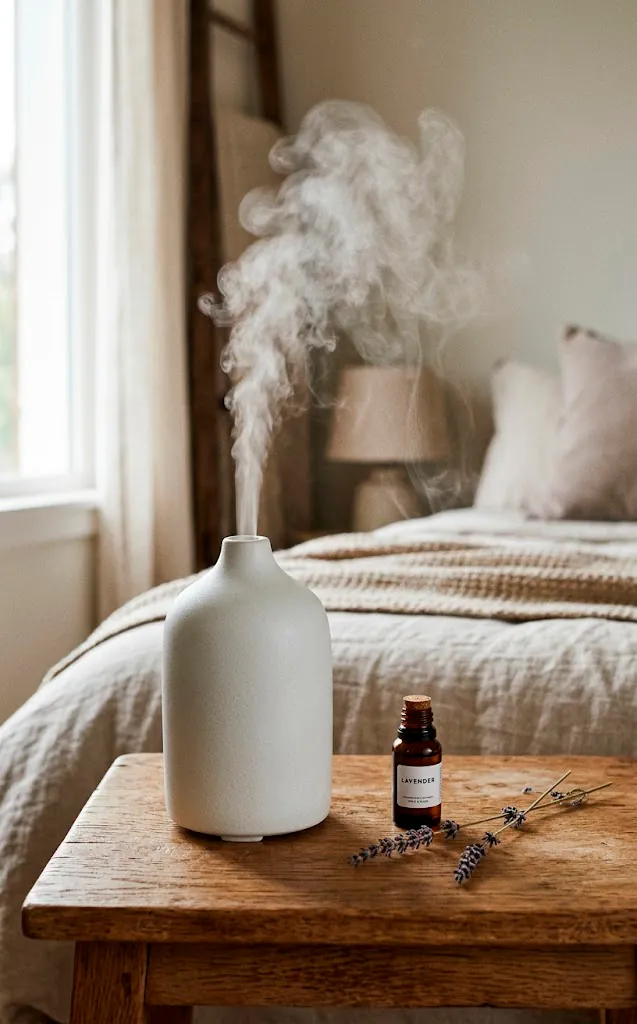 Ceramic essential oil diffuser on a wooden nightstand with lavender.