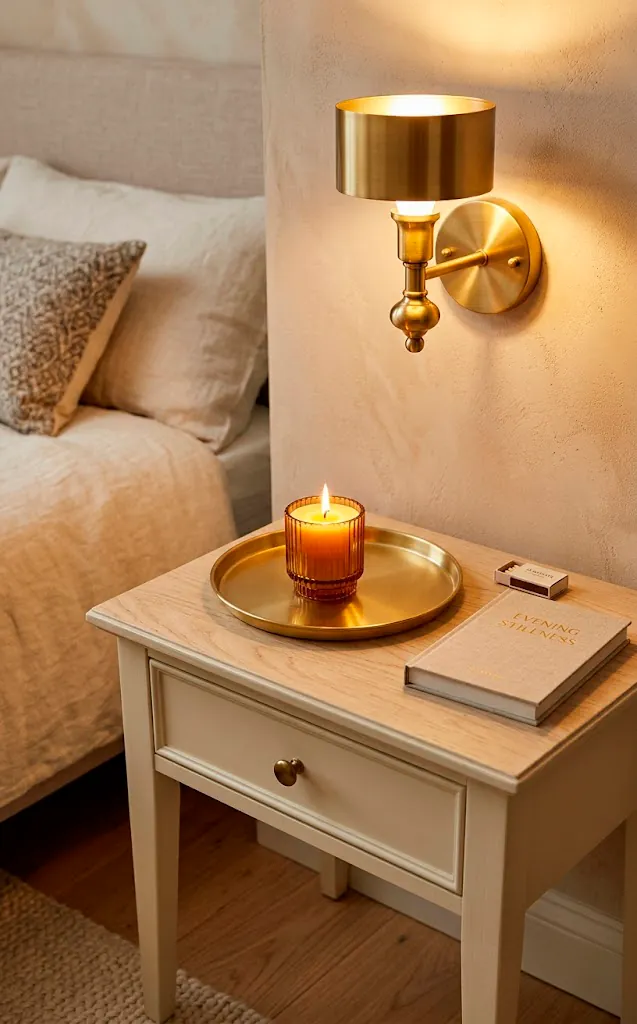 Cream bedside table with a brushed brass wall sconce and a simple gold tray