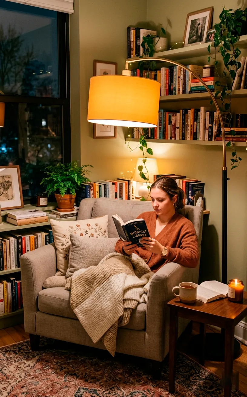 Greige armchair illuminated by warm amber light from an oversized floor lamp