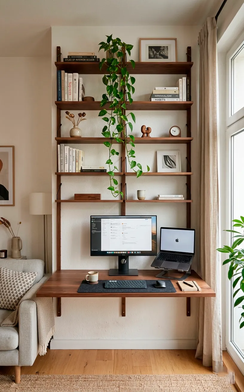 A vertical modular wall shelving unit with a deep shelf used as a standing desk.