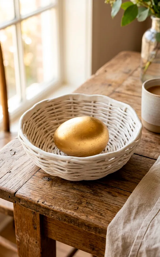 Minimalist white ceramic branch bowl with a single gold egg.