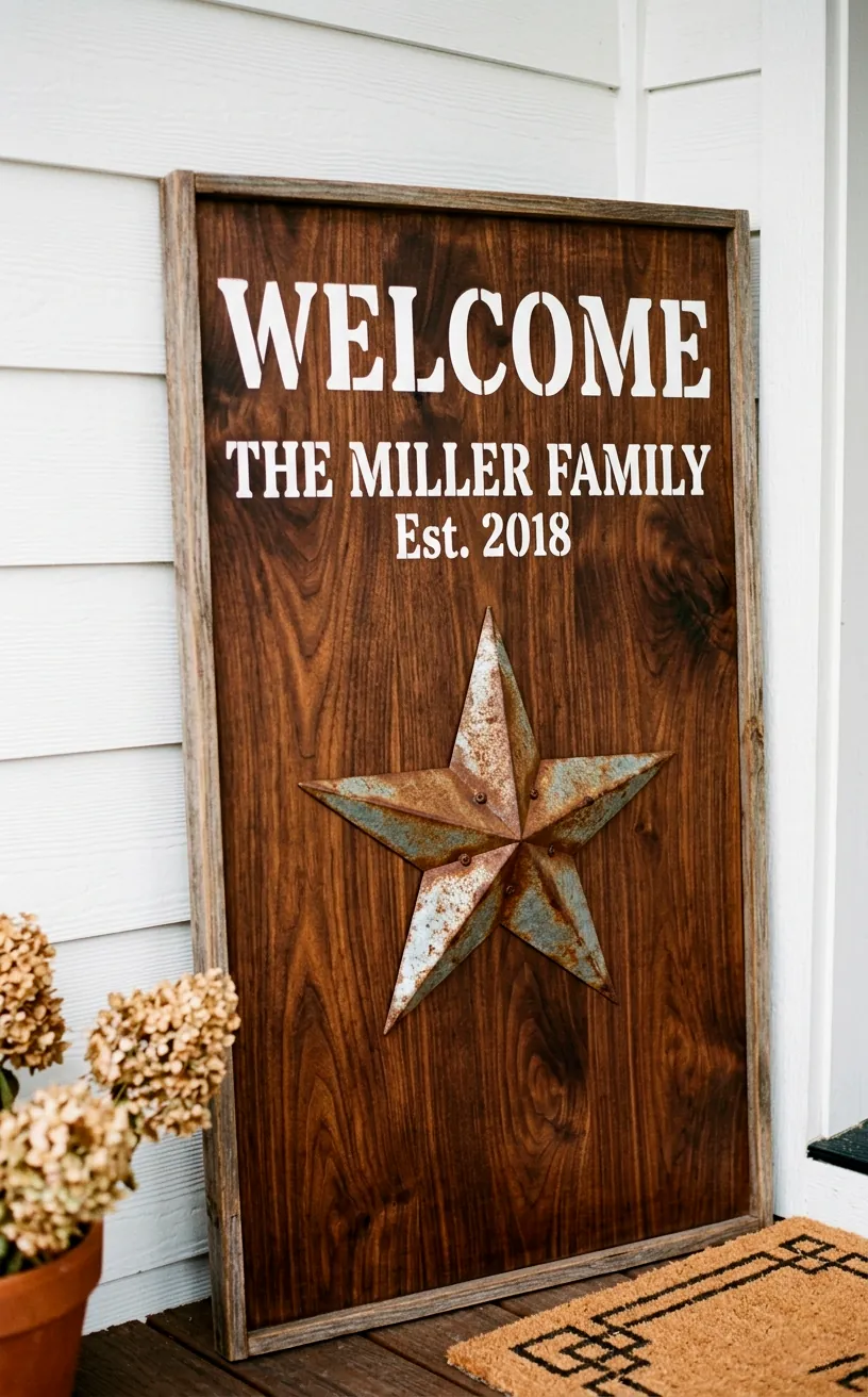 Deep rich walnut stained entryway sign with contrasting white stenciled details and a rustic 3D metal star