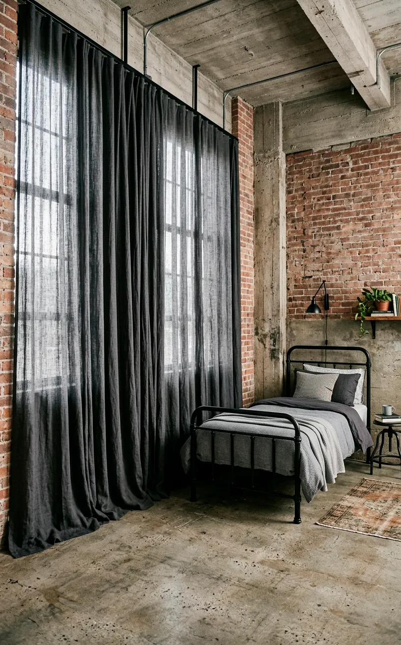 Tall charcoal grey linen curtains hanging ceiling-to-floor next to a twin bed, creating a dramatic industrial look.