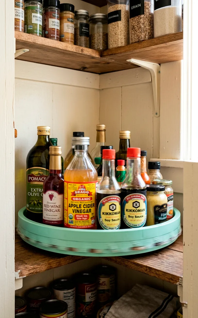 Mint green plastic Lazy Susan turntable brilliantly holding various oil and vinegar bottles in a tight pantry corner.