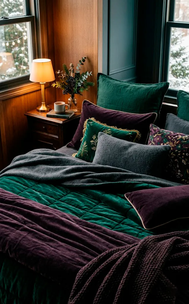 Moody holiday bedding color palette with deep emeralds and plums.