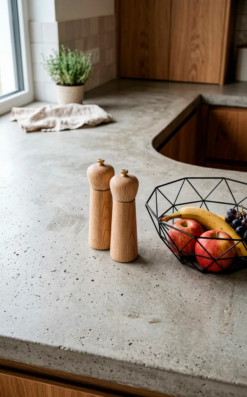 Poured concrete kitchen countertop with light wood salt and pepper grinders.