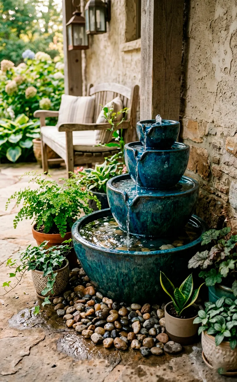 Glazed ceramic self-contained water fountain on a cozy summer porch surrounded by small potted plants.