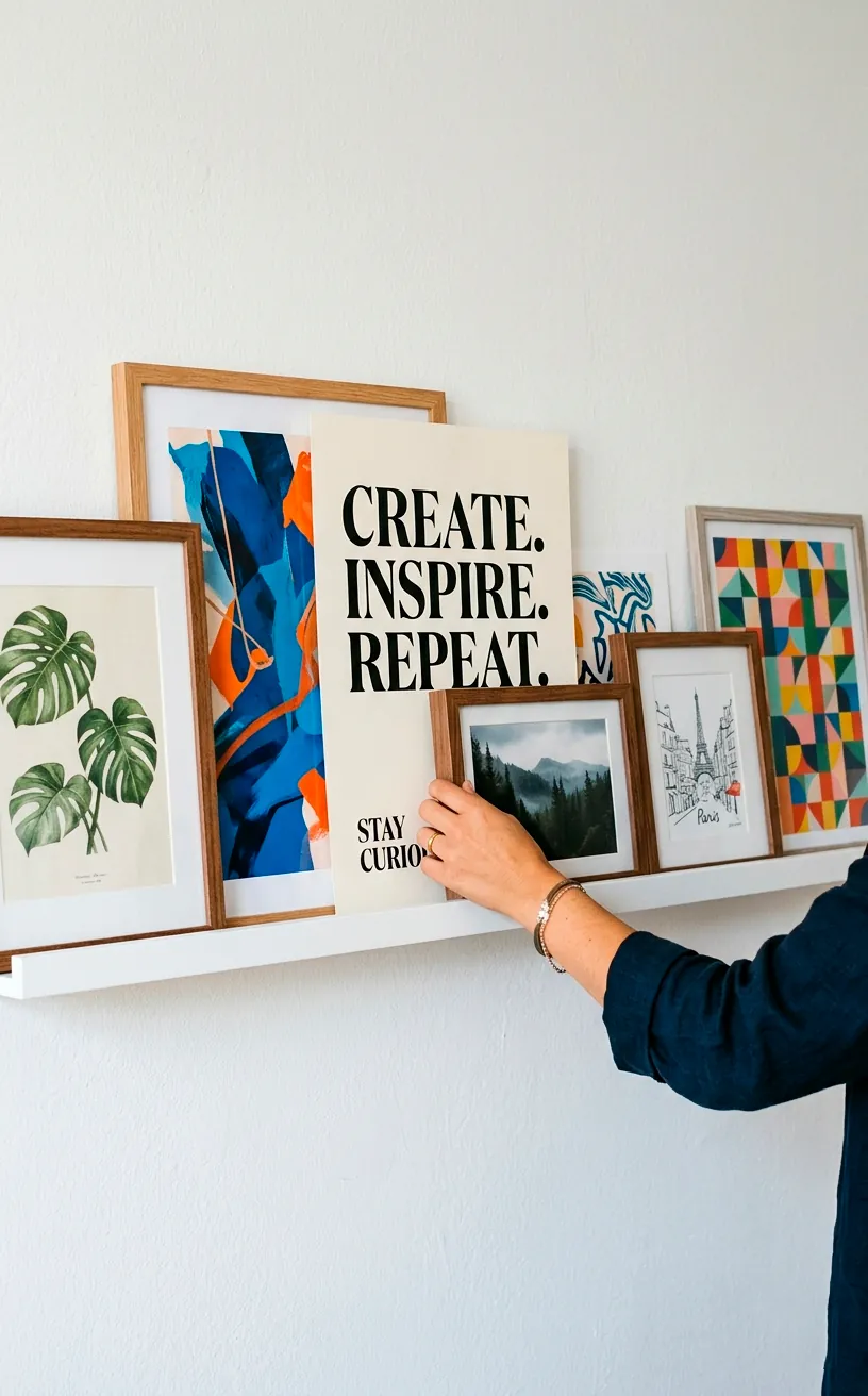 Swapping art prints on a sleek picture ledge in a workout space.
