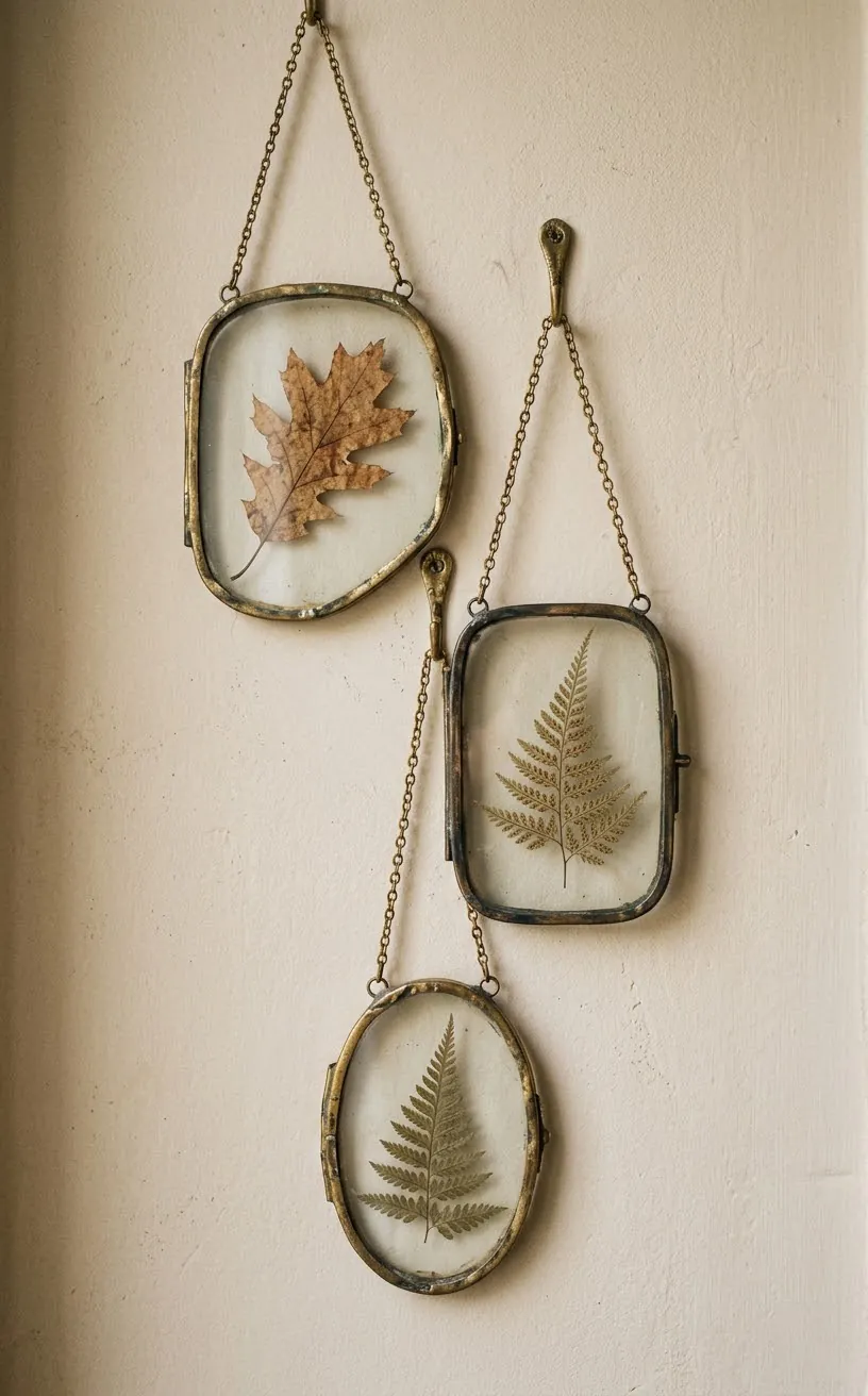 Pressed ferns and autumn leaves inside tarnished brass floating glass frames on a beige wall.