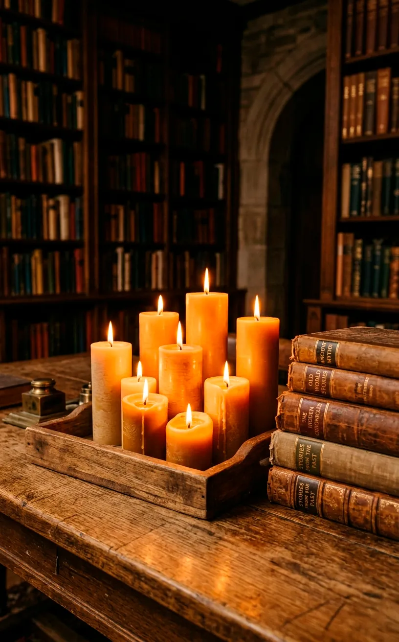 A cluster of glowing pillar candles on a wooden tray next to vintage books.