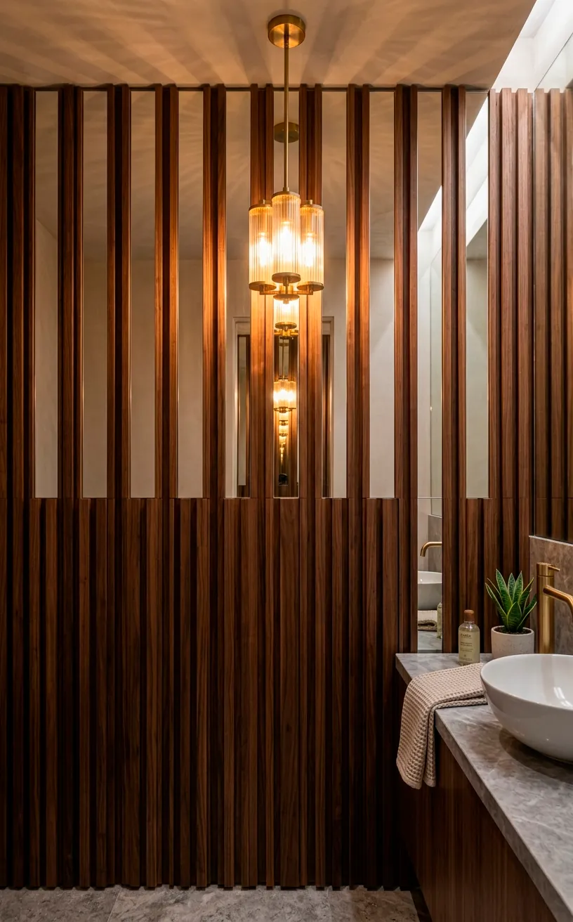 Powder room wall featuring alternating vertical wood slats and slender mirror strips