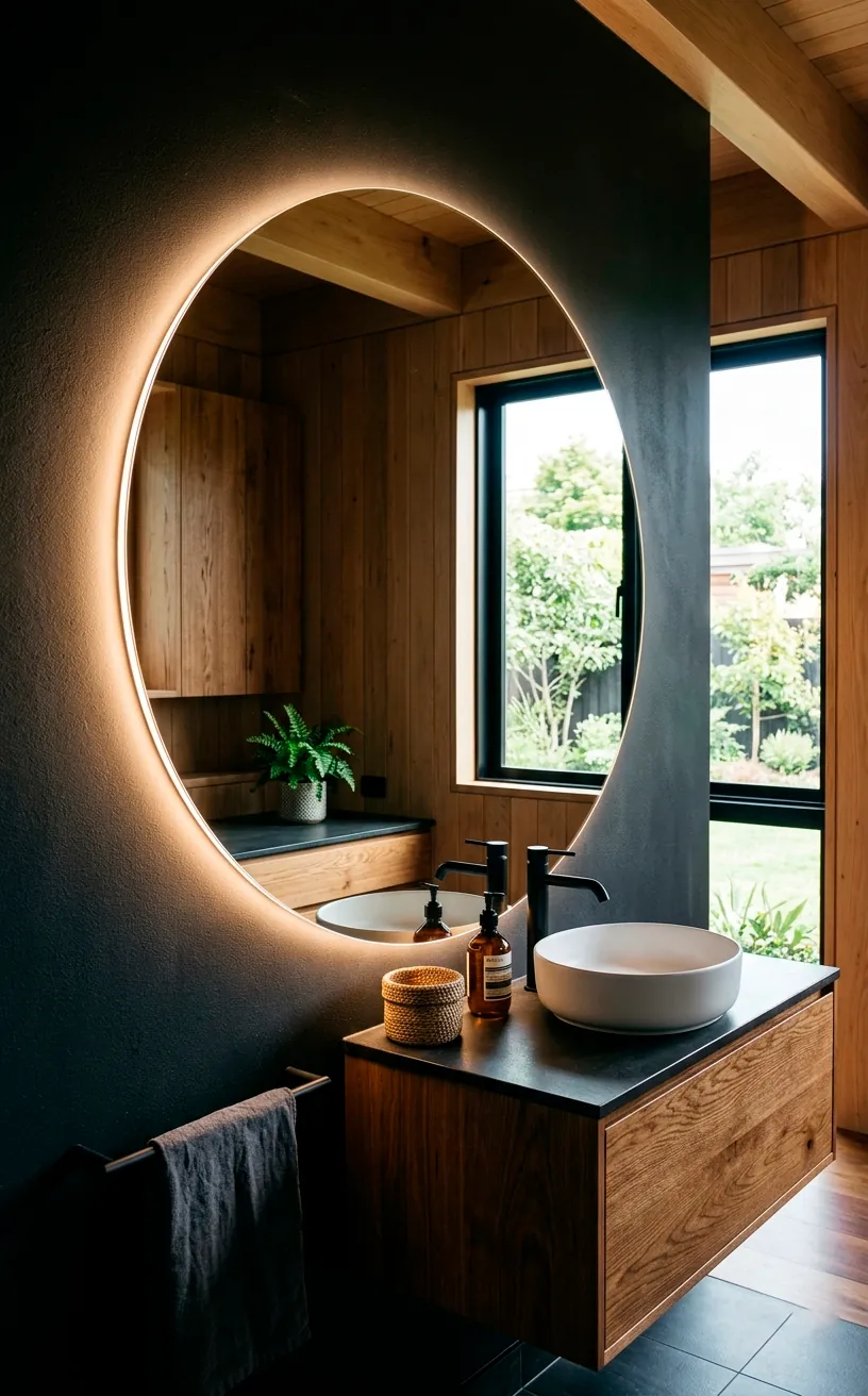 Large circular backlit mirror on a dark charcoal bathroom wall reflecting wood accents.