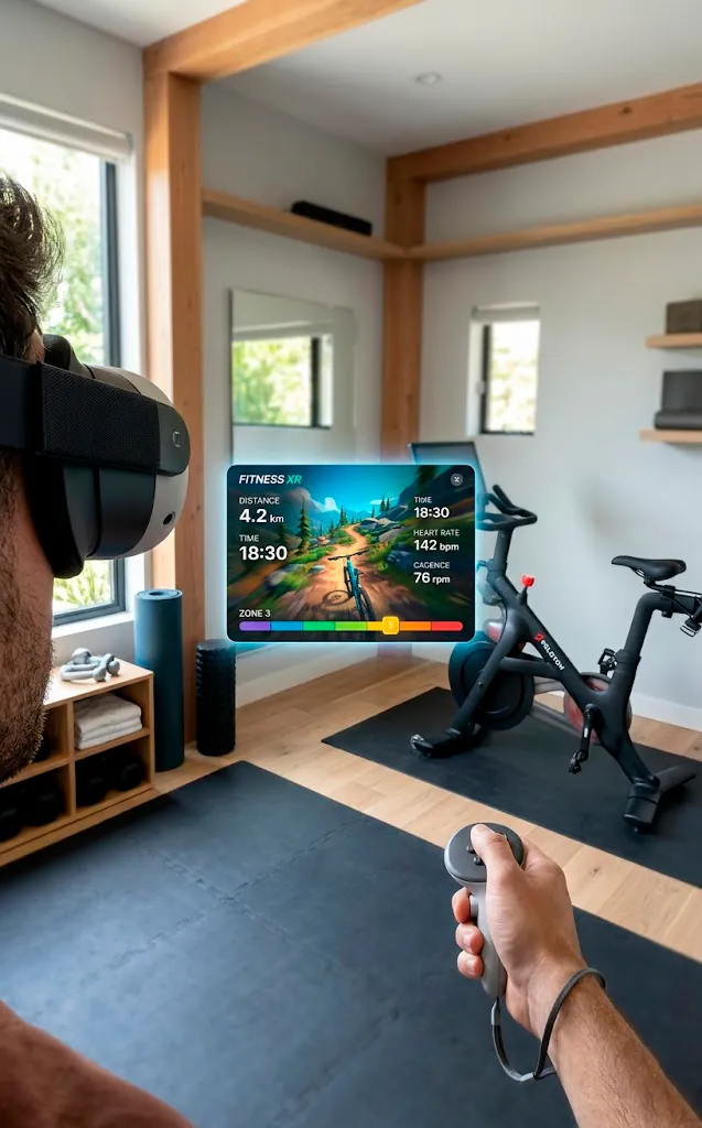 Modern home gym setup featuring a sleek virtual reality headset for immersive fitness routines.