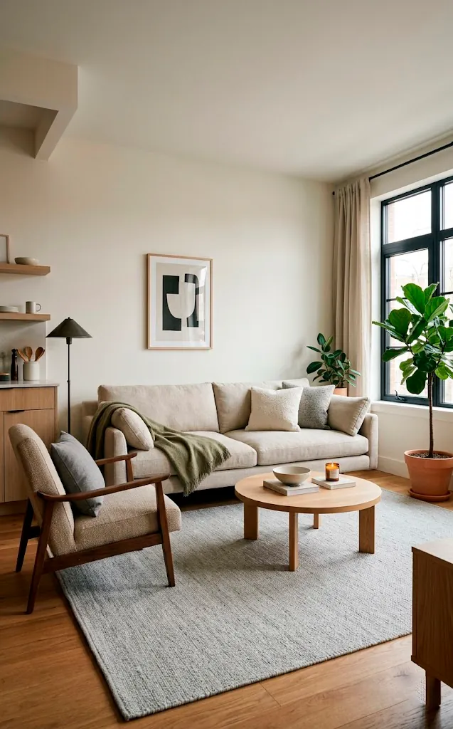 Well scaled furniture in a studio apartment with a full sized sofa.