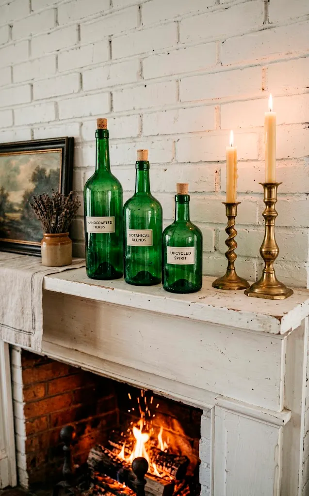 Three upcycled green glass bottles styled gracefully on a white fireplace mantel next to brass candlesticks.
