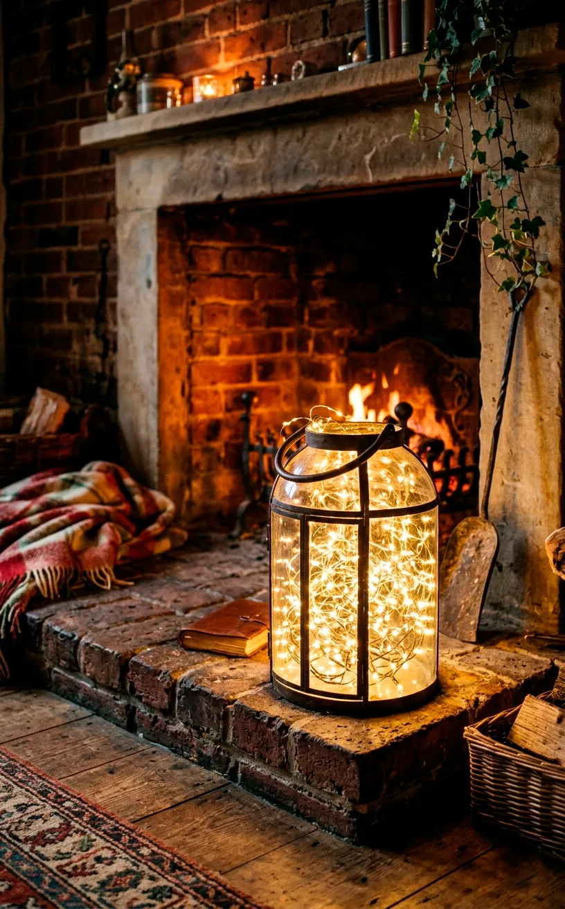 A large glass floor lantern filled with glowing warm white fairy lights sitting on a hearth.