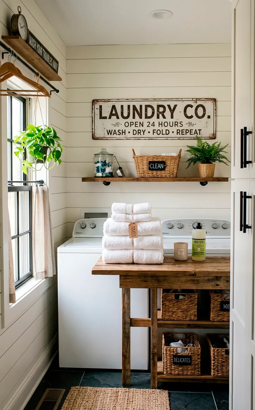Modern farmhouse laundry room featuring off-white faux shiplap wallpaper and a wooden folding table