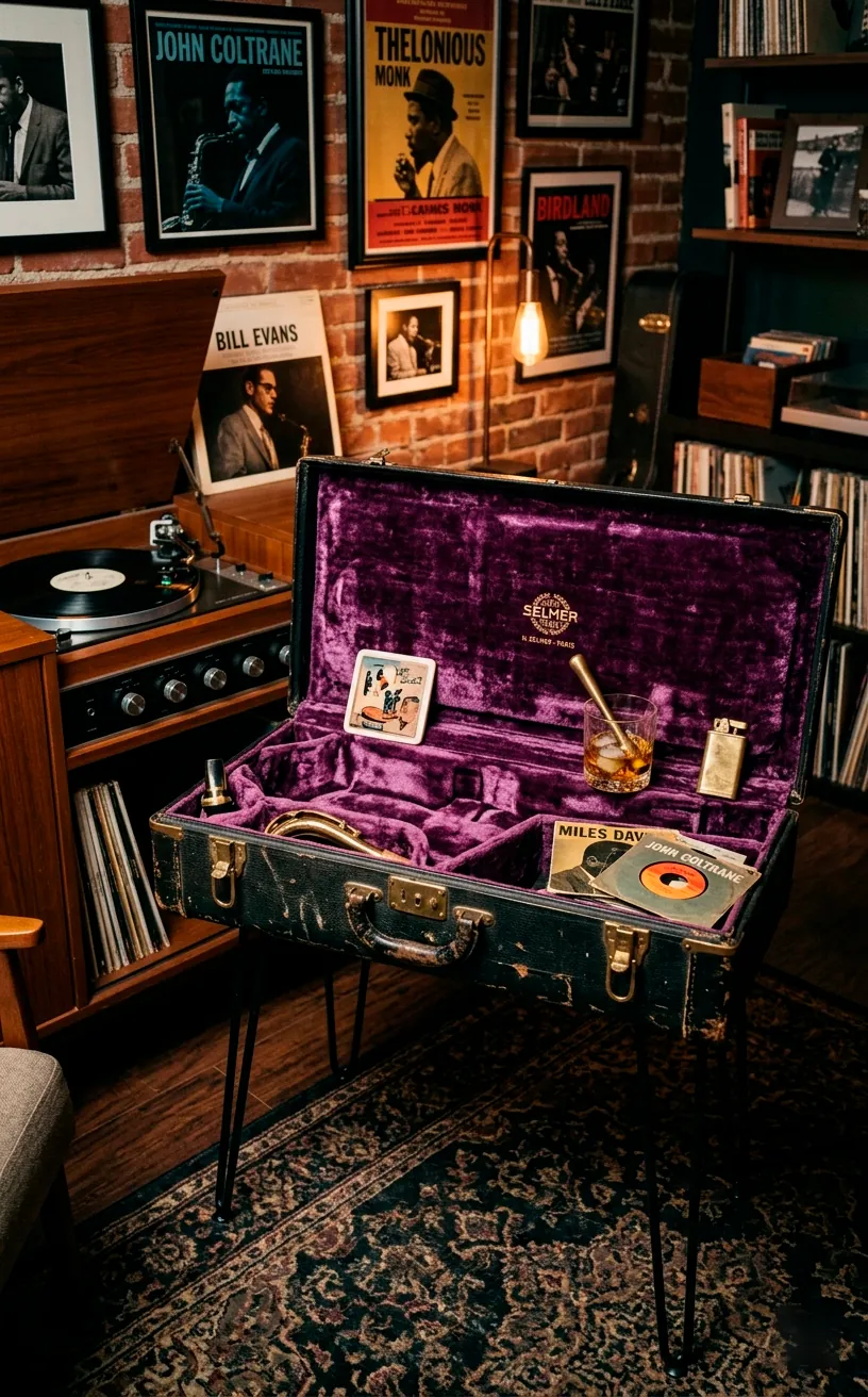 Vintage saxophone case converted into a side table with hairpin legs.