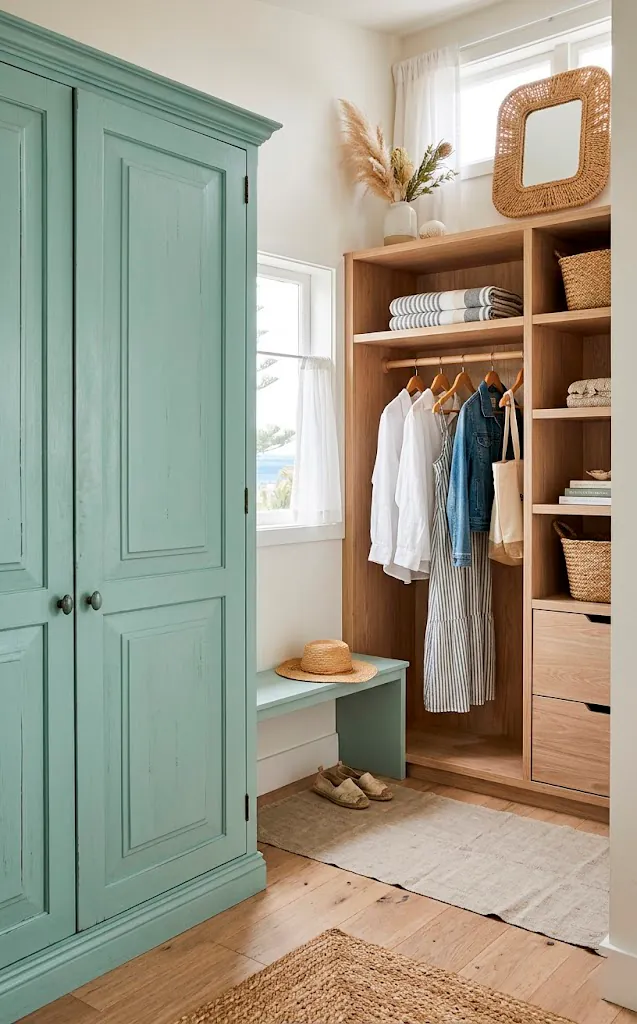 Seafoam green coastal closet featuring bleached oak custom built-ins