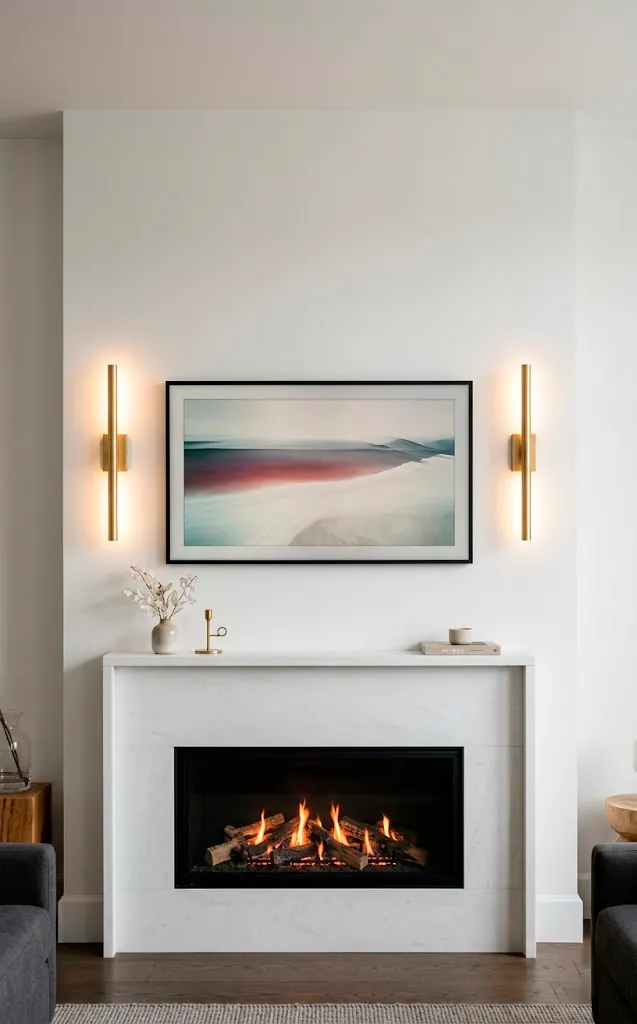 Symmetrical brushed gold wall sconces flanking a TV over a minimalist mantel