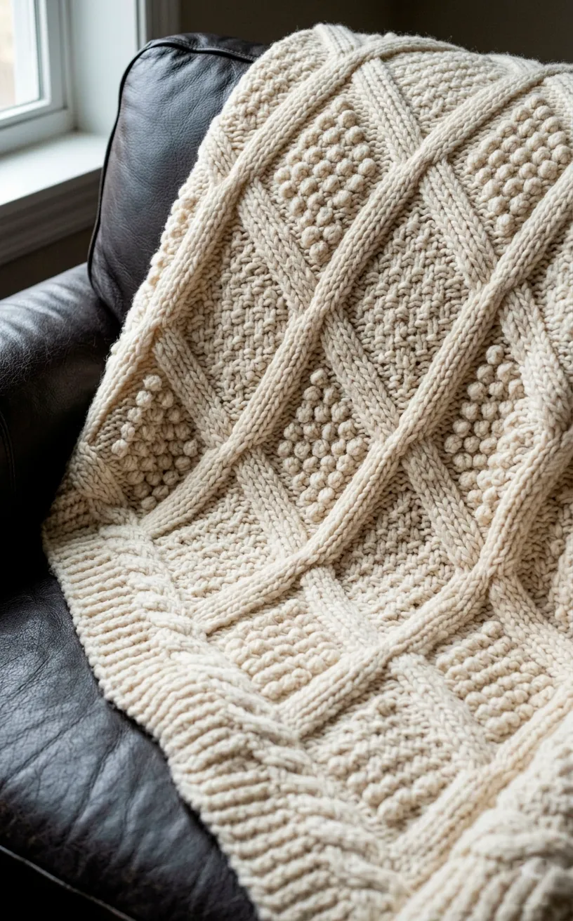 Close-up of a solid ivory chunky knit blanket with 3D geometric diamond shapes over leather