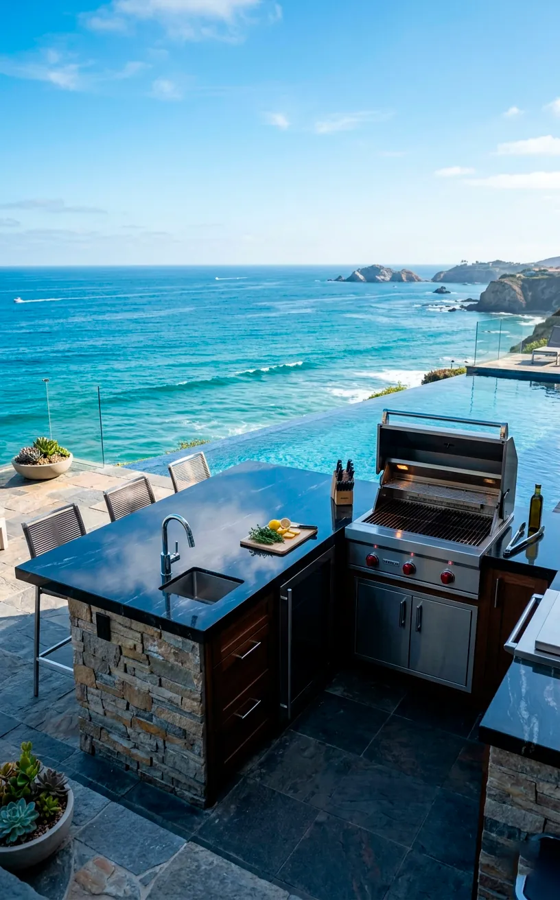 Outdoor kitchen island with a dark granite countertop positioned at an infinity patio edge.
