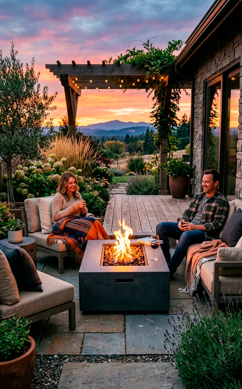A modern concrete fire pit coffee table lit up at sunset on a small patio.
