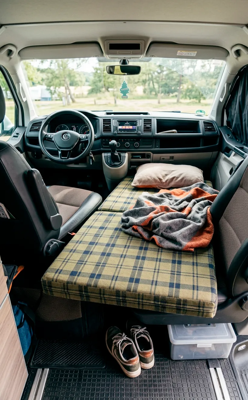 Folding mattress laid across swiveled front seats inside a camper van cab
