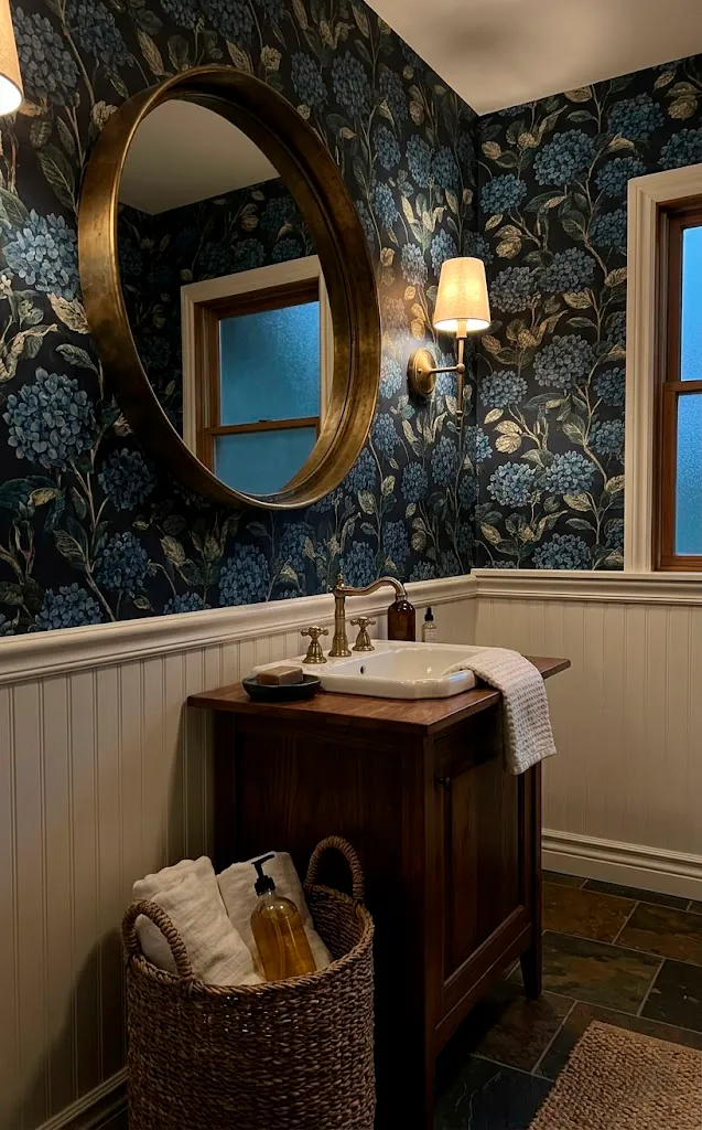 Dark indigo hydrangea wallpaper above white beadboard in a bathroom