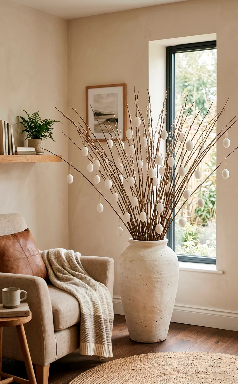 Large off-white floor vase with tall branches and dozens of white eggs in a room corner.
