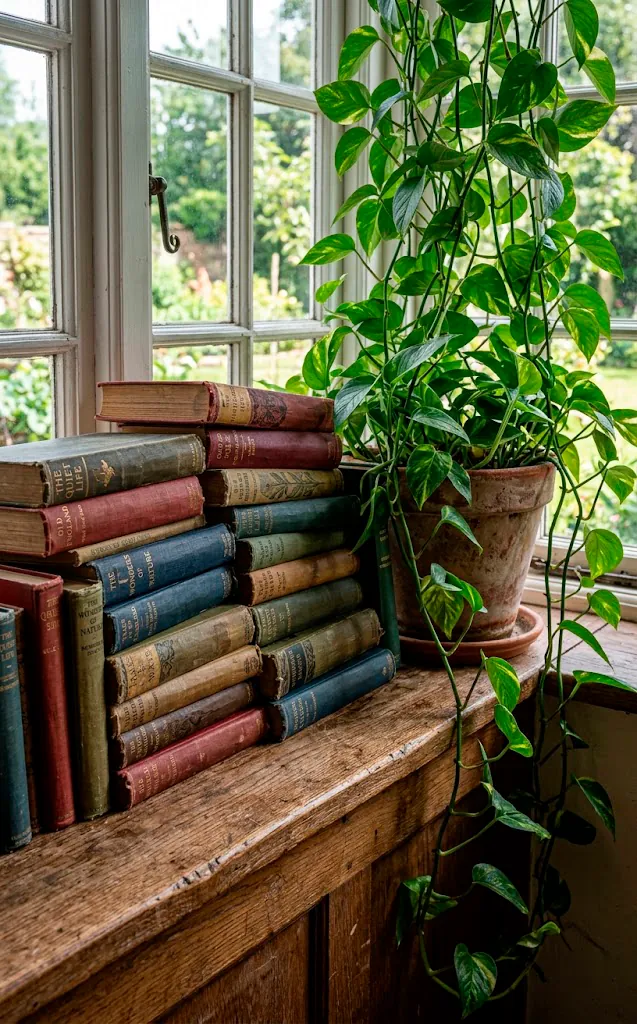 Vintage cloth-bound books stacked on a window sill next to a trailing pothos plant