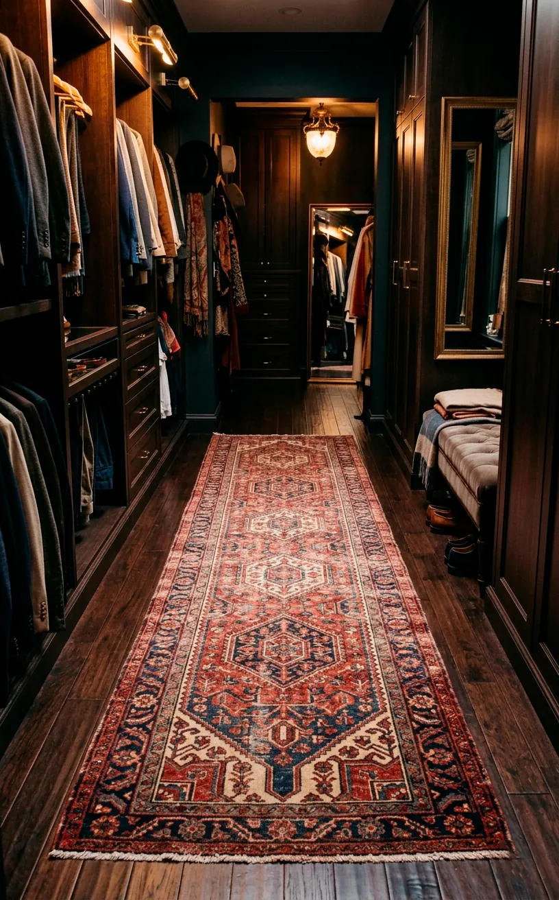 Vintage Persian runner rug in deep red tones inside a dark, moody dressing room.