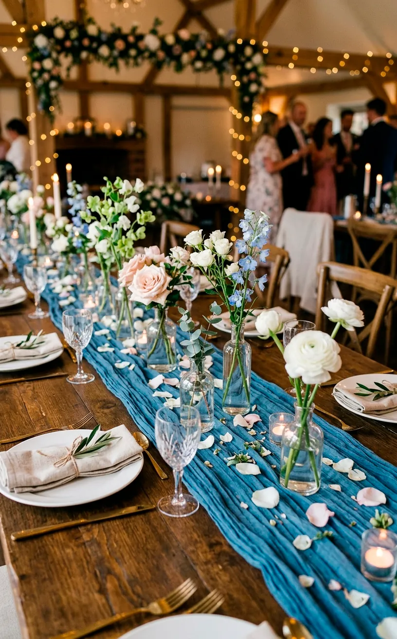 Minimalist glass bud vases on a dusty blue cheesecloth table runner